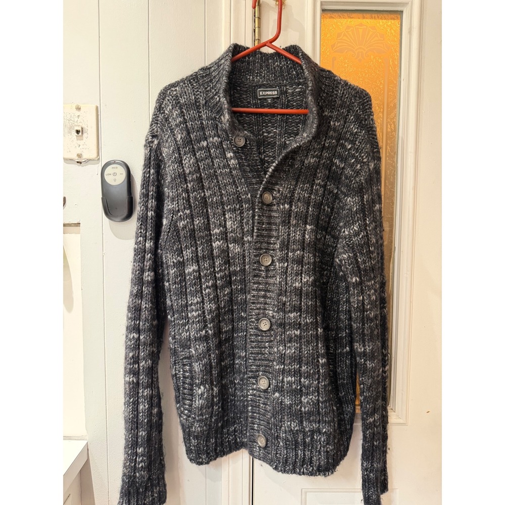 Express Mens XL Gray Marled Chunky Ribbed Knit Button Front Cardigan Sweater